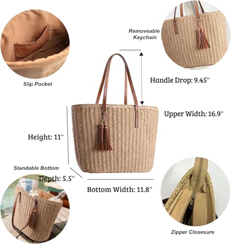 YXILEE Straw Bags For Women | M Size Travel Straw Totes Bag Woven Summer Handmade Shoulder Bag Handbag - color: Khaki