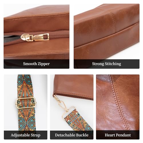 Hobo Bags for Women Crossbody Bag Guitar Strap Purse Vegan Leather Shoulder Handbags Boho Purses Tote Bucket Bag - color: Brown
