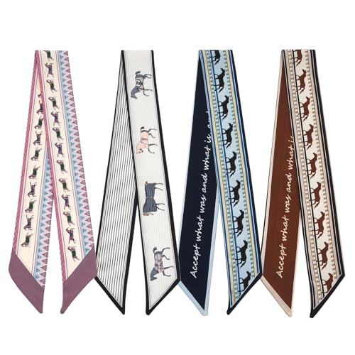 QIUTIMIY 4 Pack Purse Scarf Handbags Skinny Twill Hair Scarves Narrow Neck Scarf Band Women Fashion Accessories Bag Charms - color: Style 2-12