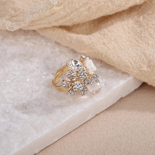 Jumwrit Shiny Crystal Flower Ring Statement Adjustable Open Band Wrap Finger Ring Square Rhinestone Floral Cocktail Ring Party Bridal Wedding Jewelry Vintage Boho Knuckle Ring for Women - color: Gold