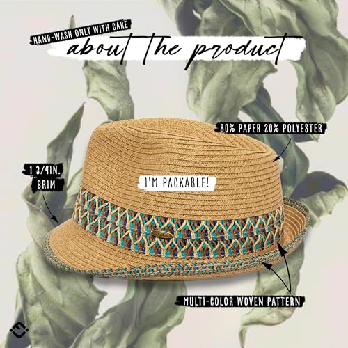 Funky Junque Straw Fedora Hats for Women - UPF 50+ Sun Hat, Short Brim Packable Beach Hat with Woven Pattern - color: 1 - Blue