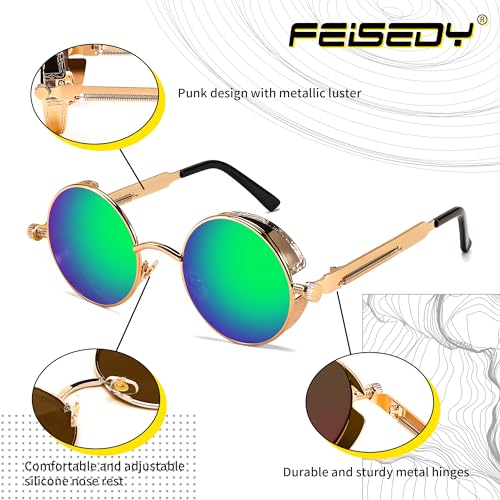 FEISEDY Retro Gothic Steampunk Sunglasses Round Metal Frame Punk Circle Inspired Shade Men B1857 - color: Gold/Green Mirror
