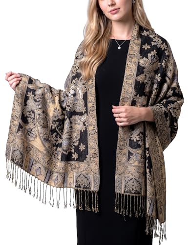 Achillea Elegant Paisley Floral Pashmina Shawl and Wrap – Boho Rave Scarf for Festival, Travel & Everyday Wear - color: Black White