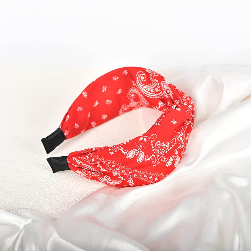 Red Knotted Boho Paisley Headband for Women's Hair - Non-Slip Turban Twist Knot Bandana Hairband - color: red