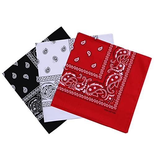 Cotton Bandanas for Men & Women Paisley Cowboy Bandana Handkerchiefs for Hair 22x22 - color: 3pcs Black/White/Red
