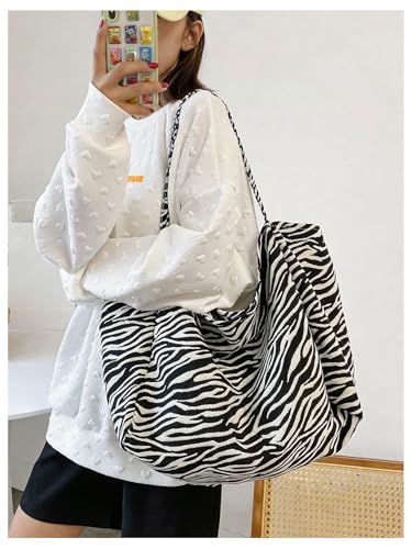 MakeMeChic Women's Leopard Tote Bag Cheetah Oversize Shoulder Bag Weekender Bag - color: Black and White