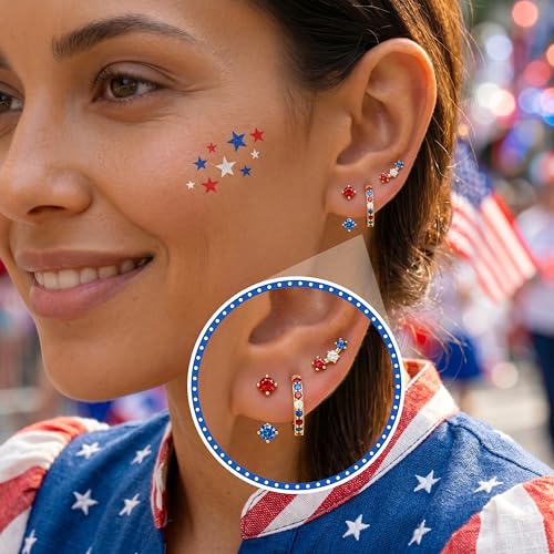 3 Pairs Dainty Small 4th of July Earrings for Women Trendy, Birthstone Stud Huggie Hoop Jacket Stack for Cartilage Helix, Gold Plated Hypoallergenic Cute Women Fashion Accessories Western Jewelry Gifts - color: 4th of July earrings(Gold Red White Blue)