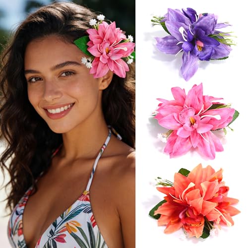 3 PCS Hawaiian Flower Hair Clips for Women，Artificial Flower Clips tropical party decorations，Hibiscus Hair Accessories for Wedding Bridal Beach Party - Orchid - color: Orchid