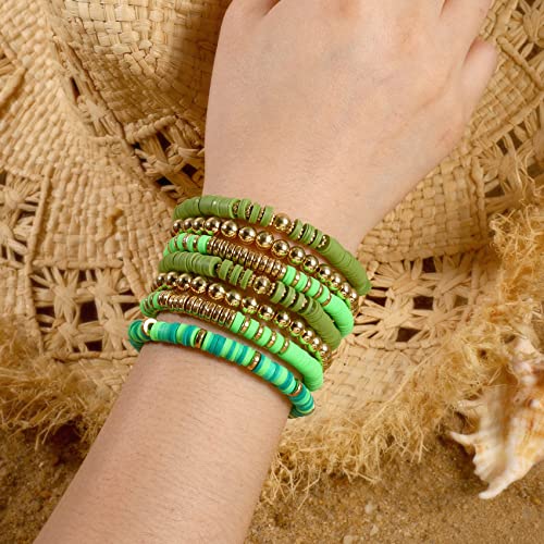 Elegance 11 designs Heishi Beaded Bracelets For Women Polymer Clay Colorful Surfer Stackable Beads Boho Bracelet Summer Beach Jewelry - color: Green