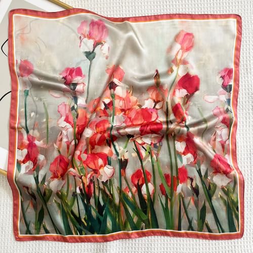 FONYVE 100% Mulberry Silk Scarfs for Women-Lightweight Square Satin Head Scarf-Small Silk Hair Scarf for Sleeping 21"x21" - color: 18 Red Flower