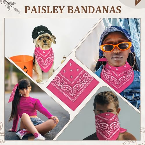 12 Pack Bandanas Unisex Paisley Cowboy Bandanas Bulk Multi Purpose Headband Scarf for Men Women Costume - color: Hot Pink, style: Classic