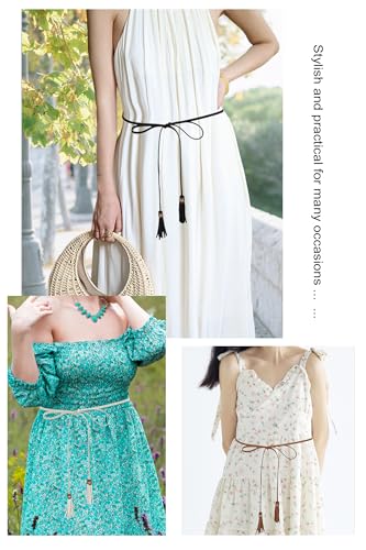 TeeYee Waist Belt Woven Knitted Rope/Chain PU leather 3 Pieces Tassel Rope Skinny Belt - color: 258blacktanwhite