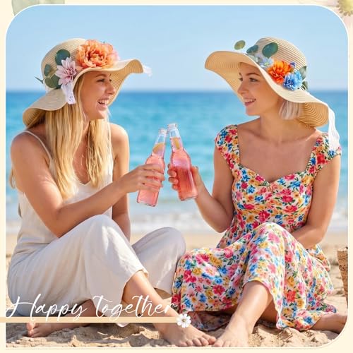 6 Sets DIY Tea Party Straw Hats Kit DIY Straw Hat for Women Blank Sun Hats - style: Vintage Peony