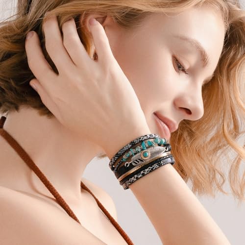 FANCY SHINY Turquoise Boho Leather Bracelet Stackable Chunky Wrap Bangle Bracelets Cowboy Cowgirl Chic Western Jewelry Gift for Women - color: Black