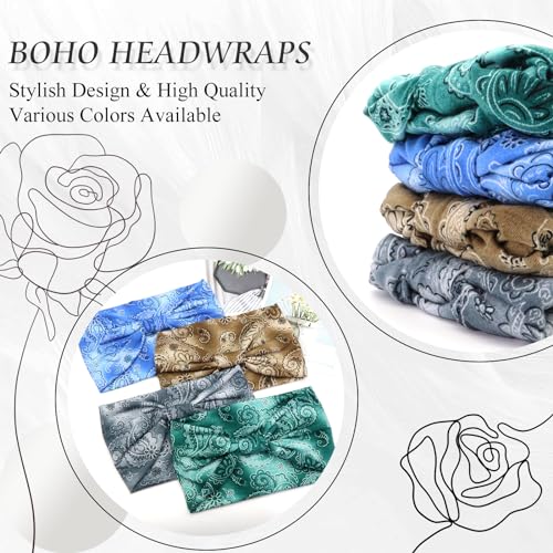 FULZTEY Boho Headbands for Women Fashion Wide Head Bands Floral Print Hairband Elastic Workout Yoga Sweatband Knot Cloth Turban Large African Bandana Headwraps Cute Hair Accessories Gift 4Pcs - color: Style10
