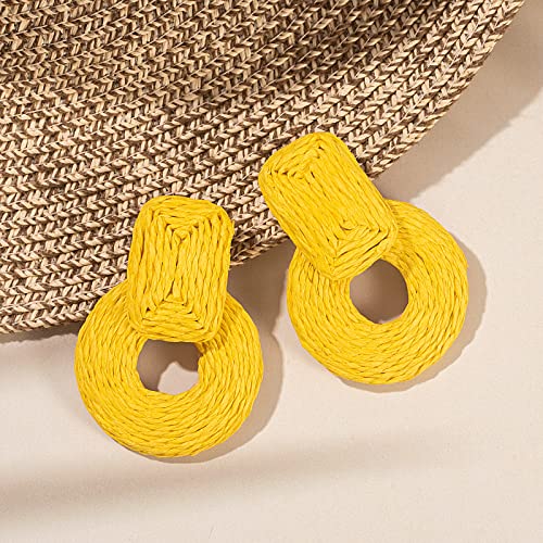 Statement Raffia Earrings Cute Boho Earrings Rattan Dangle Earrings Handmade Straw Wrap Earrings Summer Drop Dangling Earrings for Women Teen Girls - color: Yellow