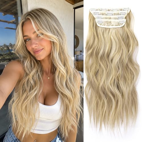 Blonde Hair Extensions Long Wavy 20 Inch 4pcs Clip in Synthetic Hair Extensions for Women Double Weft Extensions (Ombre Ash Brown to Bleach Blonde, 8AH613#) - color: 8AH613-Ombre Ash Brown to Bleach Blonde