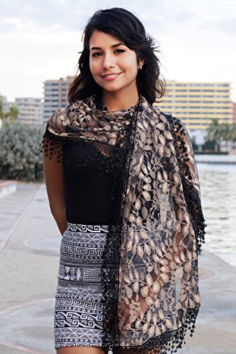 Cindy & Wendy Lightweight Soft Leaf Lace Fringe Scarf Bridal Shawl for Women - color: Black & Coffee