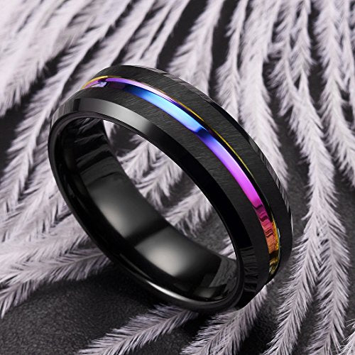 King Will Mens Tungsten Rings for Men Two Tone Grooved Mens Wedding Band Cool - color: Rainbow 7mm