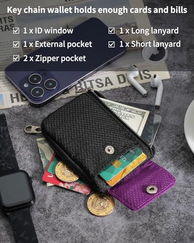 Artpaxy Minimalist Wallet For Mens Womens, Keychain RFID Blocking Zipper Small Wallet with ID Window 2 Lanyards,Water Resistant Travel Cash Card Coin Case Boys Girls - color: Purple Black, style: Casual