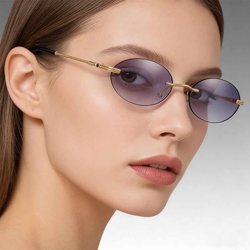 Retro Oval Sunglasses Rimless Small Round Glasses Frameless UV400 Men Women Fashion Shades - color: Gradient Grey