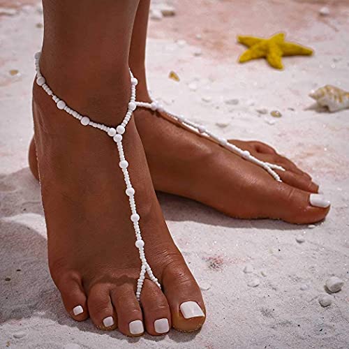 Ursumy Bead Barefoot Sandals Summer Anklet Beach Foot Chain Crystal Ankle Bracelet Jewelry for Women (2Pcs) (White)