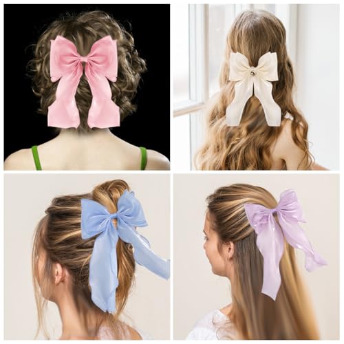Large Hair Bow Clips for Women, Purple Bow Hair Barrettes with Long Tail French Hair Ribbon Clips Hair Accessories for Girls (Purple) - color: Purple