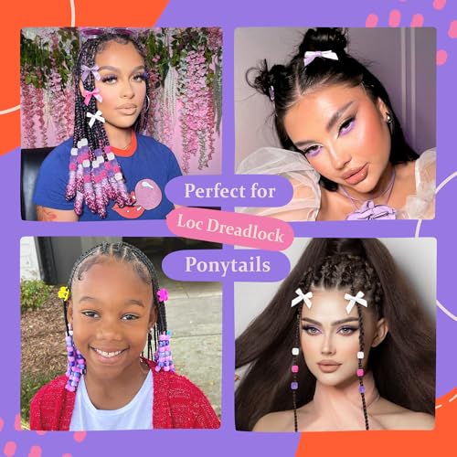 Purple Hair Bows Acrylic Hair Beads for Kids Girls Large Loc Jewelry Cute Hair Clips Braids Hair Accessories - color: Purple