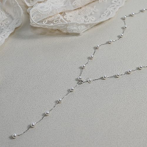 HAXIYA Lariat Gold Necklace for Women Dainty Long Necklace 14K Gold Plated/Silver Y-Shaped Pendant Drop Chain Layered Pearl/Beaded/CZ Necklaces Gold Jewelry Gift for Prom/Wedding - style: Pearl - Silver