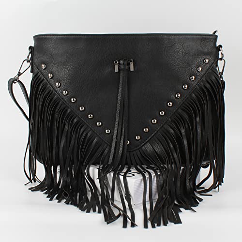 Hoce Women’s Leather Fringe Messenger Bag Large Hobo Crossbody Tassel Shoulder Bags, Gift for Mom Wife Girlfriend - color: Black