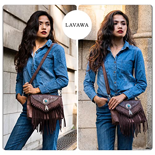 LAVAWA Small Crossbody Bags for Women Crossbody Handbag Fringe Purse Tassel Shoulder Bag Turquoise Concho Wallet - color: Brown