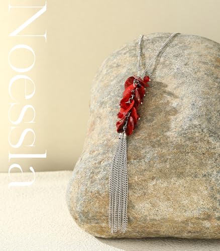 Noessla Boho Long Pendant Necklaces for Women Silver Tassel Long Necklace Sweater Chain Mothers Day Gifts Silver Costume Jewelry for Women - color: 81-Red