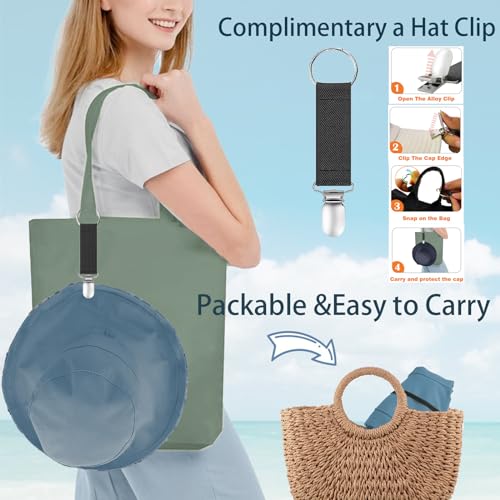 vidsel Womens Sun Hats Wide Brim Reversible Bucket Cotton Hat Packable Summer Travel Cap with Hat Clip,UV Protection - color: Navy Blue, size: Medium