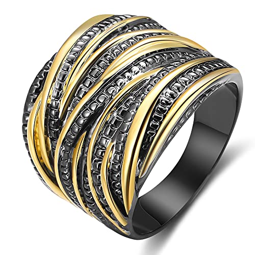 Mytys 2 Tone Intertwined Crossover Statement Ring Fashion Chunky Band Rings for Women Wide Index Finger Rings Costume Jewelry - color: Gold and black