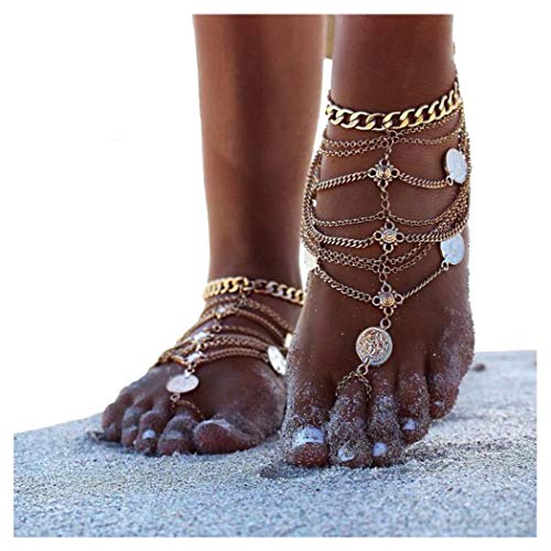 Olbye Silver Barefoot Sandals Foot Chain Jewelry Coin Anklet Bracelet for Women and Girls Beach Wedding Foot Jewelry Pack of 2 - color: Gold