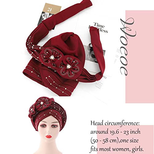 Woeoe Beanie Cap Head Wrap Black Rhinestones Head Scarf Flower Pearls Twisted Head Turban for Women Girls - color: Burgundy