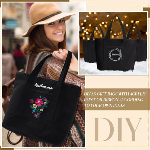 Reginary 16 Pcs Canvas Tote Bags Bulk with Outer Pocket 18 Inch Reusable Shopping Grocery Blank Tote Bag for Women Mother DIY (Black) - color: Black