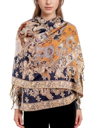 Achillea Elegant Paisley Floral Pashmina Shawl and Wrap – Boho Rave Scarf for Festival, Travel & Everyday Wear - color: Navy Amber Gold