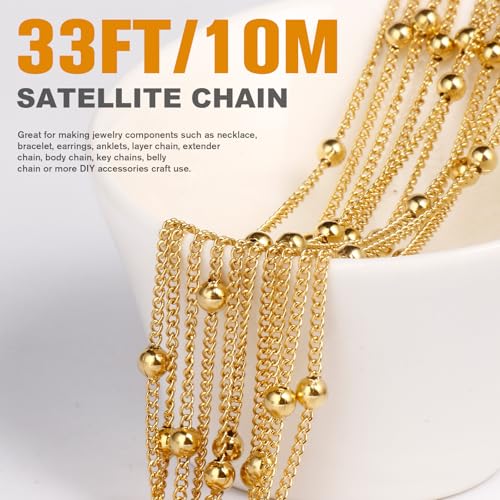 33 Feet Gold Satellite Chains Roll, 2mm 18K Gold PVD Plated 304 Stainless Steel Ball Beaded Twisted Curb Chains Spool Bulk for Jewelry Making DIY Craft - color: Gold Big Beads Satellite Curb Chain