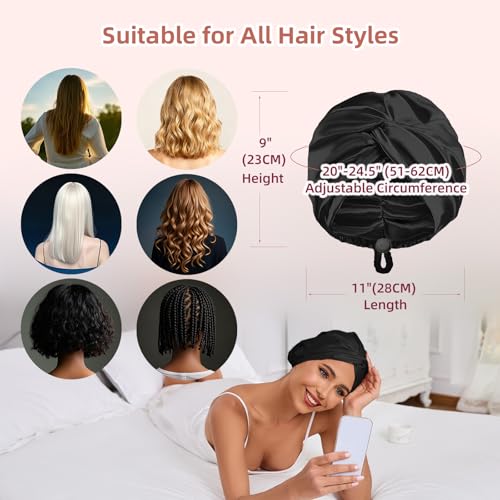 Adjustable Silk Satin Hair Bonnet for Sleeping Women, Double Layer, Silk Hair Wrap for Sleeping Women Men, Curly Natural Braid Straight Unisex - Black - color: Black