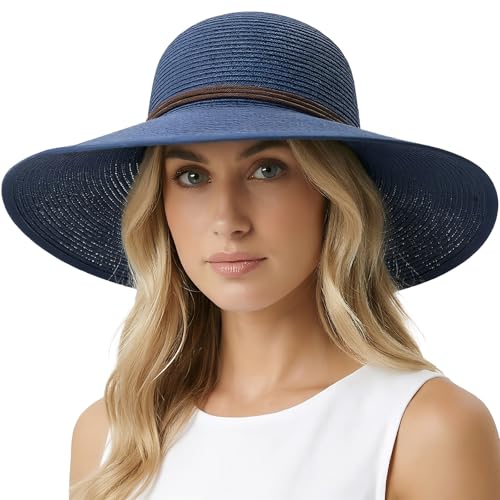 DRESHOW Beach Hats for Women Big Straw Wide Brim Summer Hat Floppy Foldable Roll up Cap Sun Hat UPF 50+ - color: 1 Pack Bowknot Hat: Navy Blue, 4.7" Brim