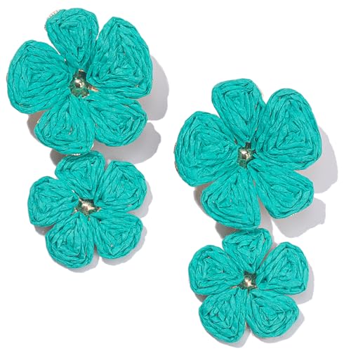 Boho Flower Earrings Statement Raffia Dangle Earrings Cute Floral Jewelry Trendy Summer Beach Vacation Outfits for Women - color: Teal