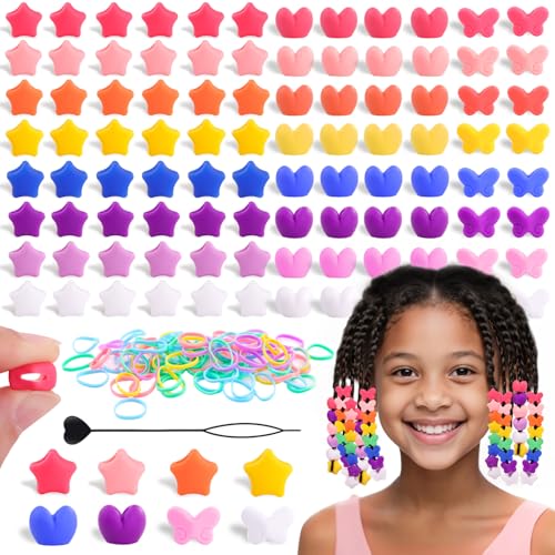 160Pcs Silicone Hair Beads for Braiding, 5mm hole Mixed Shape Soft Pony Beads Bulk, Multi-color Hair Jewerly Accessories Kit with 60 Rubber Bands and 1 Beader for Braids,DIY Bracelets and Crafts - color: Multi Shape-Multicolor-160pcs