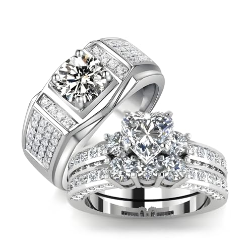 3Pcs Moissanite Wedding Rings Sets for Couples, s925 10K 14K 18K Real Gold Wedding Rings Sets for Him and Her, Customized Matching Engagement Bands Set for Men and Women Free Engraving - style: Style-11