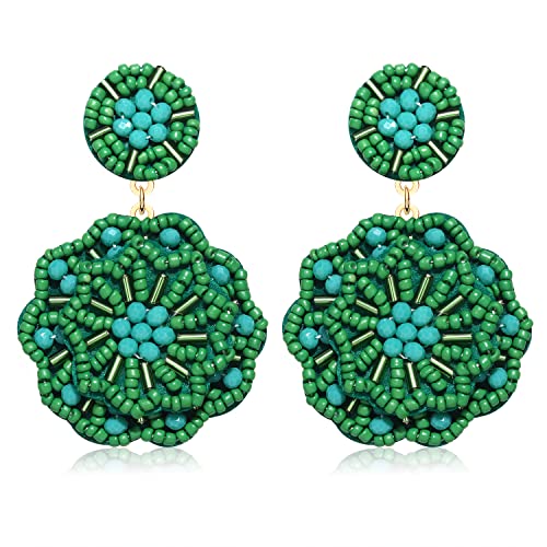 Statement Beaded Drop Earrings for Women Layered Bead Dangle Earrings - color: Green bead 22