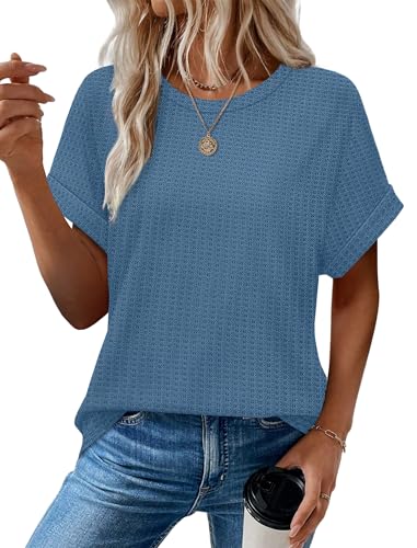 Sampeel Summer Tops for Women 2026 Trendy Rolled Short Sleeve Shirts Waffle Knit Crew Neck Tops Curved Hem Fashion Clothing - color: Blue, size: Large