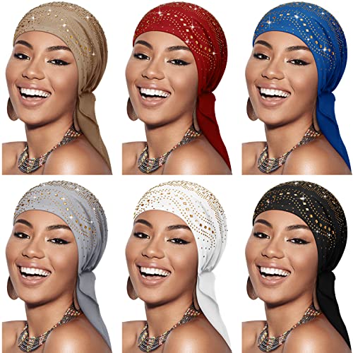 Geyoga 6 Pack Rhinestone Head Scarf for Women, Sequin Pre Tied Head Wraps, Stretchy Turban Cap for Hair Loss & Daily Wear(Novelty Style) - style: Novelty Style