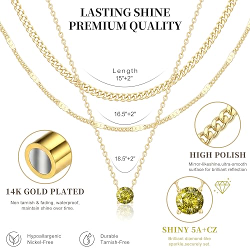WomenGifts Layered Gold Necklaces for Women, 14K Gold Sterling Silver Plated Dainty Pendant Necklace Set Non Tarnish, Chunky Stackable Cuban Chain Choker, Trendy Birthstone Vacation Jewelry Gift - color: Gold, style: Cubic Zirconia-Created Peridot-Aug