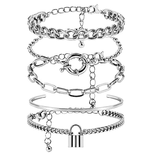 Boho Fashion Dainty Boho Gold Silver Chain Stackable Lock Bracelets Set for Women Adjustable Beaded Chunky Flat Cable Chain Punk Bracelets Jewelry for Women Gift Set of 5 - color: Silver