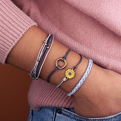 FANCY SHINY Easter Gifts Basket Stuffers Sunflower String Bracelet Boho Braided Rope Wrap Bracelets Cute Summer Beach Surfer Jewelry for Women - color: Grey